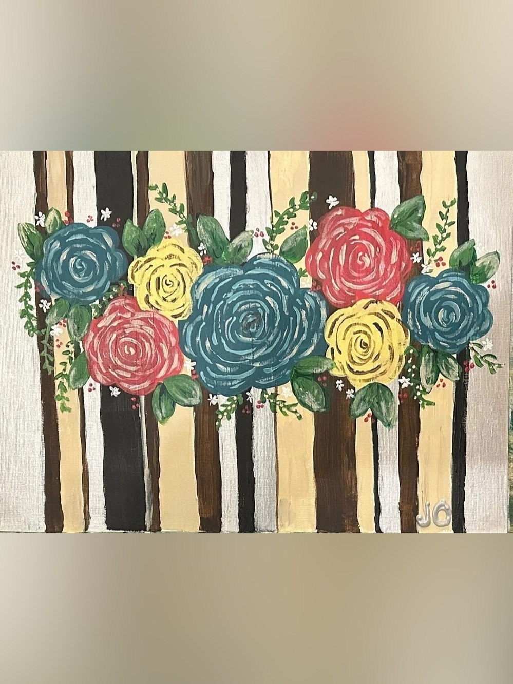Floral Stripe Painting in Blue & Red &Silver